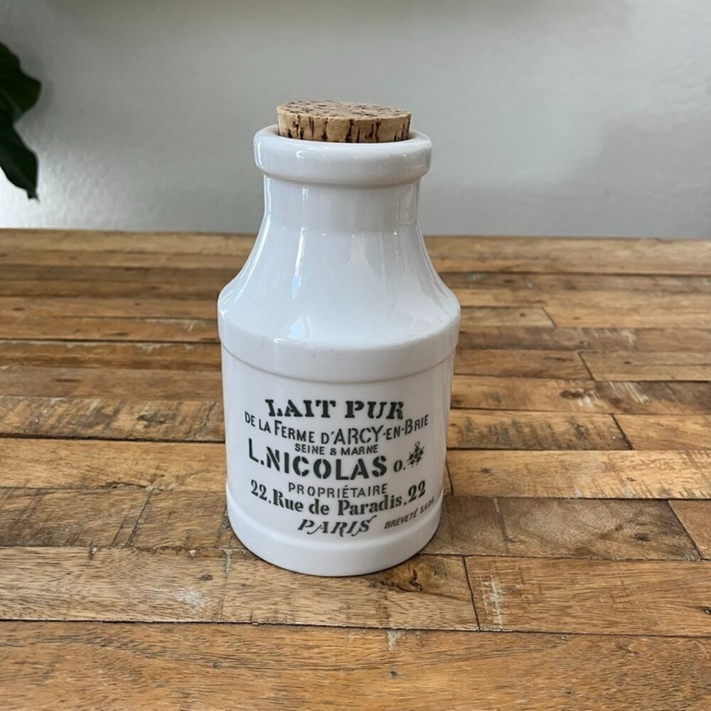 L. Nicolas Porcelain Milk Bottle "Lait Pur" 8" Cork Stopper